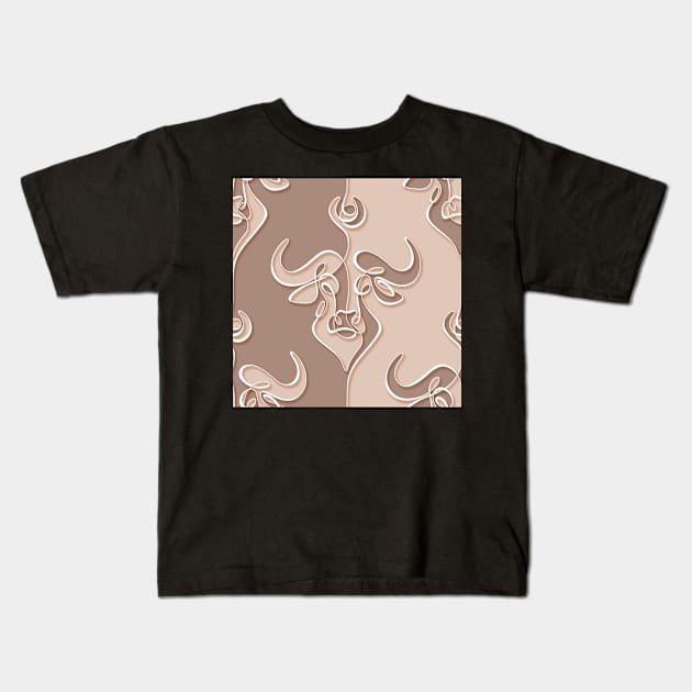 Minimalistic Continuous Line Bull Portrait with 3d effect (dusty rose and tan colorblock) Kids T-Shirt by lissantee